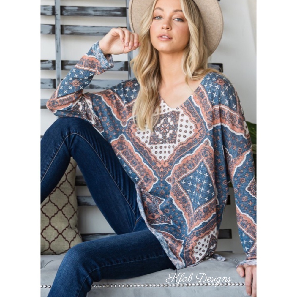 LAST 1! V Neck Abstract Print Relaxed Fit Indigo Top!